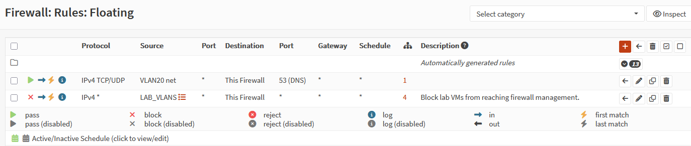 Floating rules: DNS pass for VLAN 20 above the LAB_VLANS block