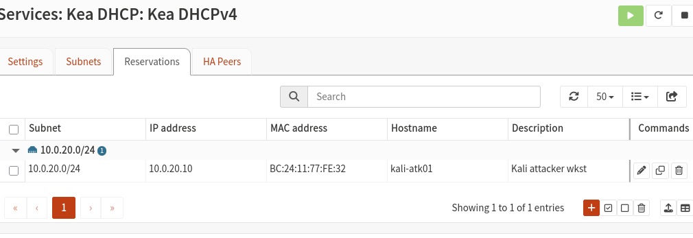 Kea DHCP reservation for kali-atk01 at 10.0.20.10